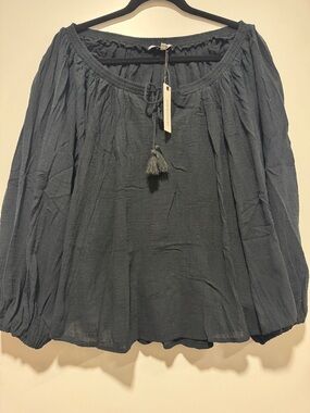 Olivaceous black Boho Blouse with Tassel Tie 100% cotton